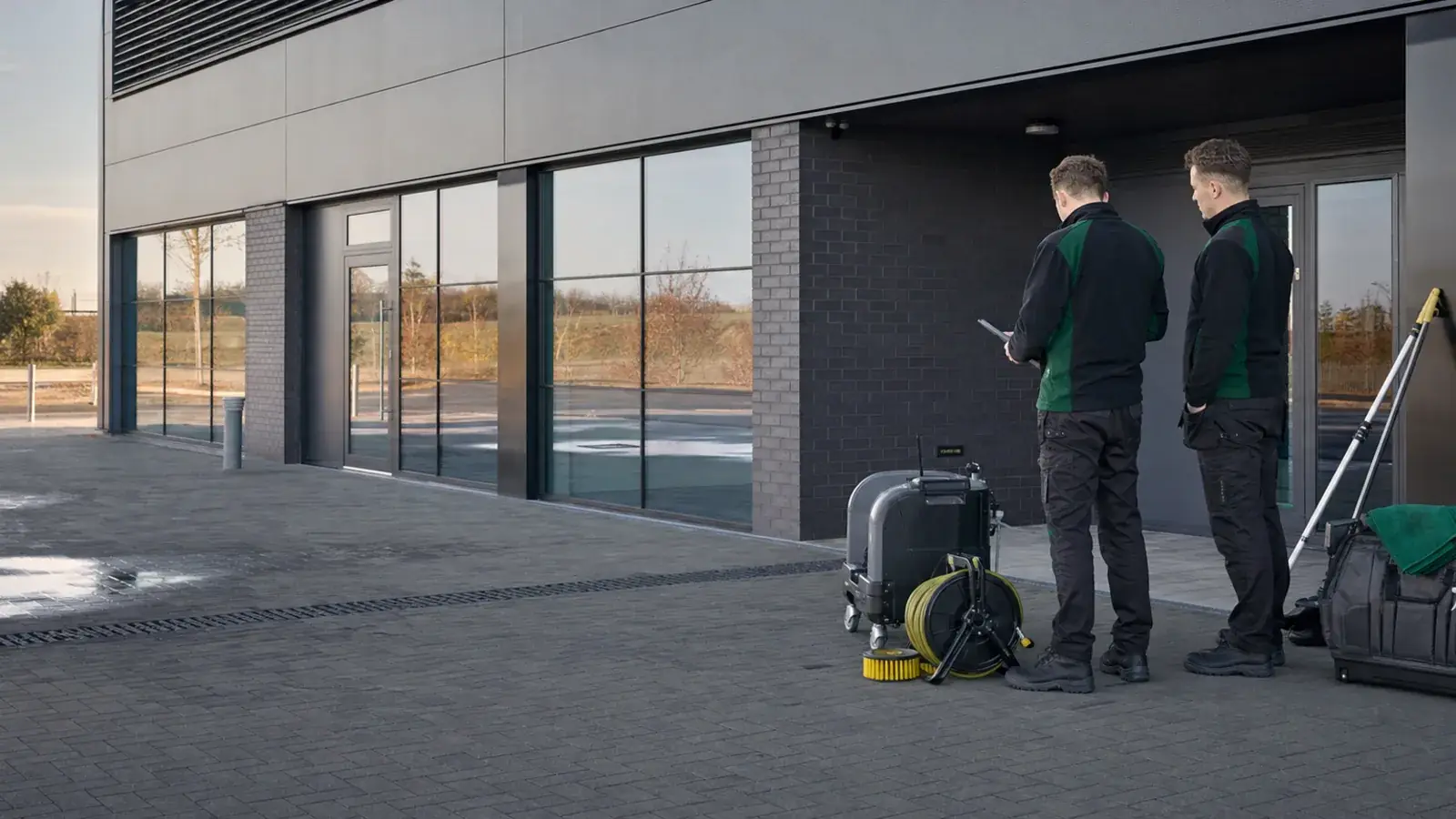 An organised exterior-cleaning setup outside a small commercial premises.