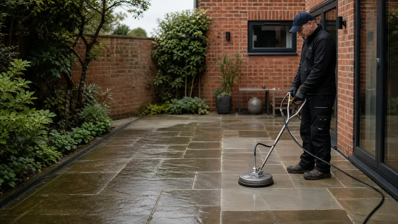 Garden paving prepared for cleaning with furniture moved clear.