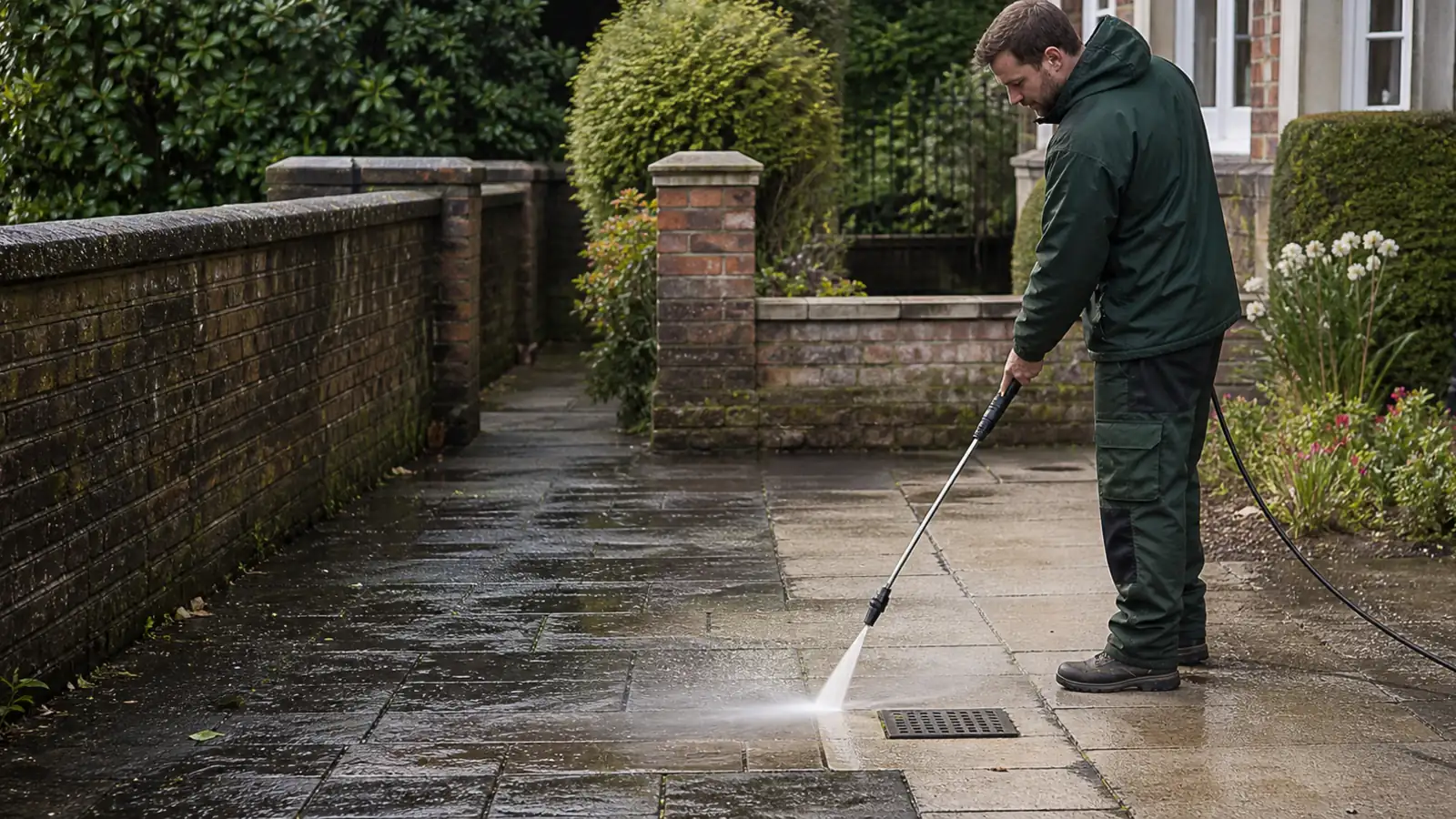 Controlled pressure washing across a section of stone paving.
