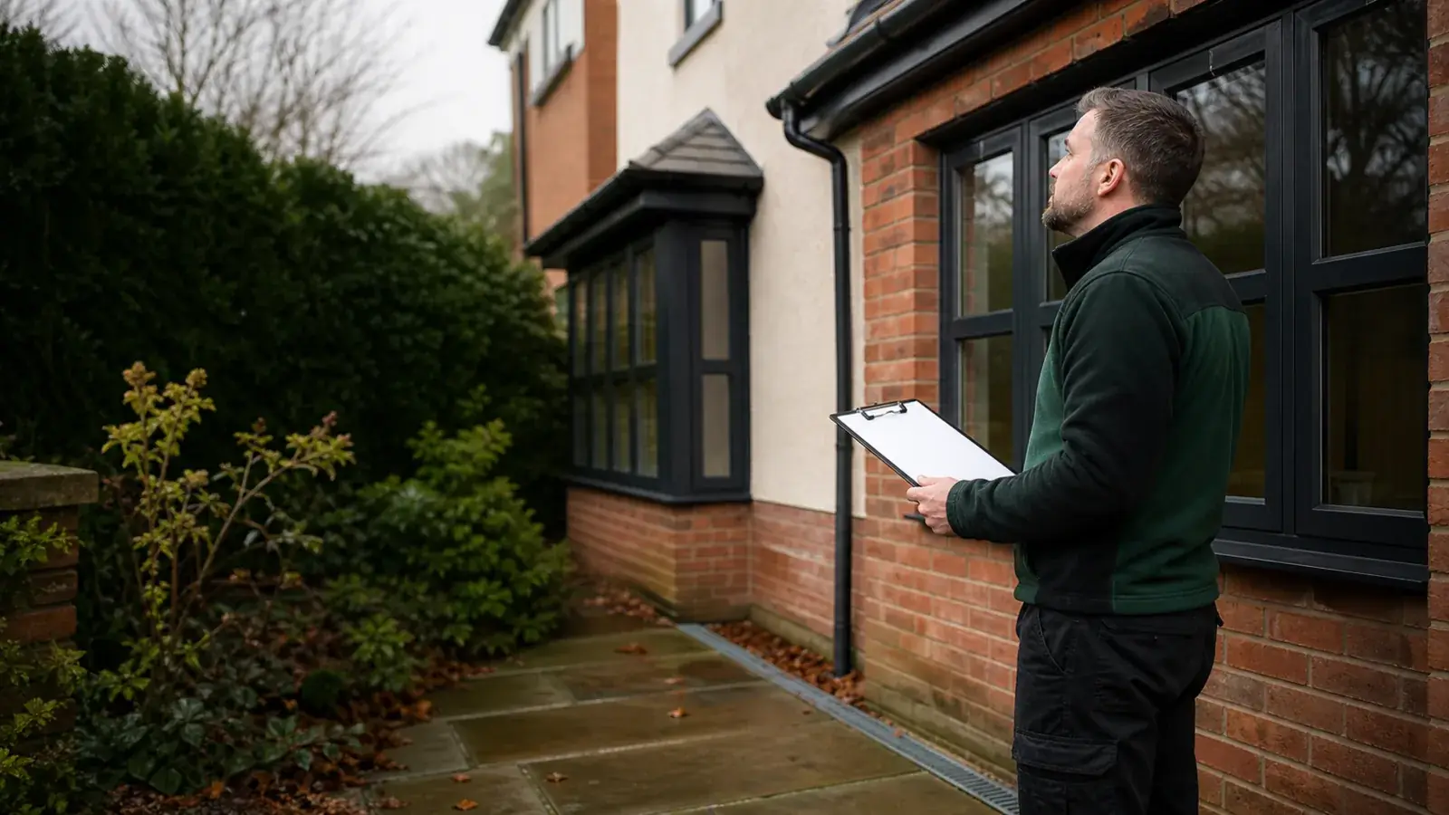 A property exterior being reviewed during a cleaning walkaround.