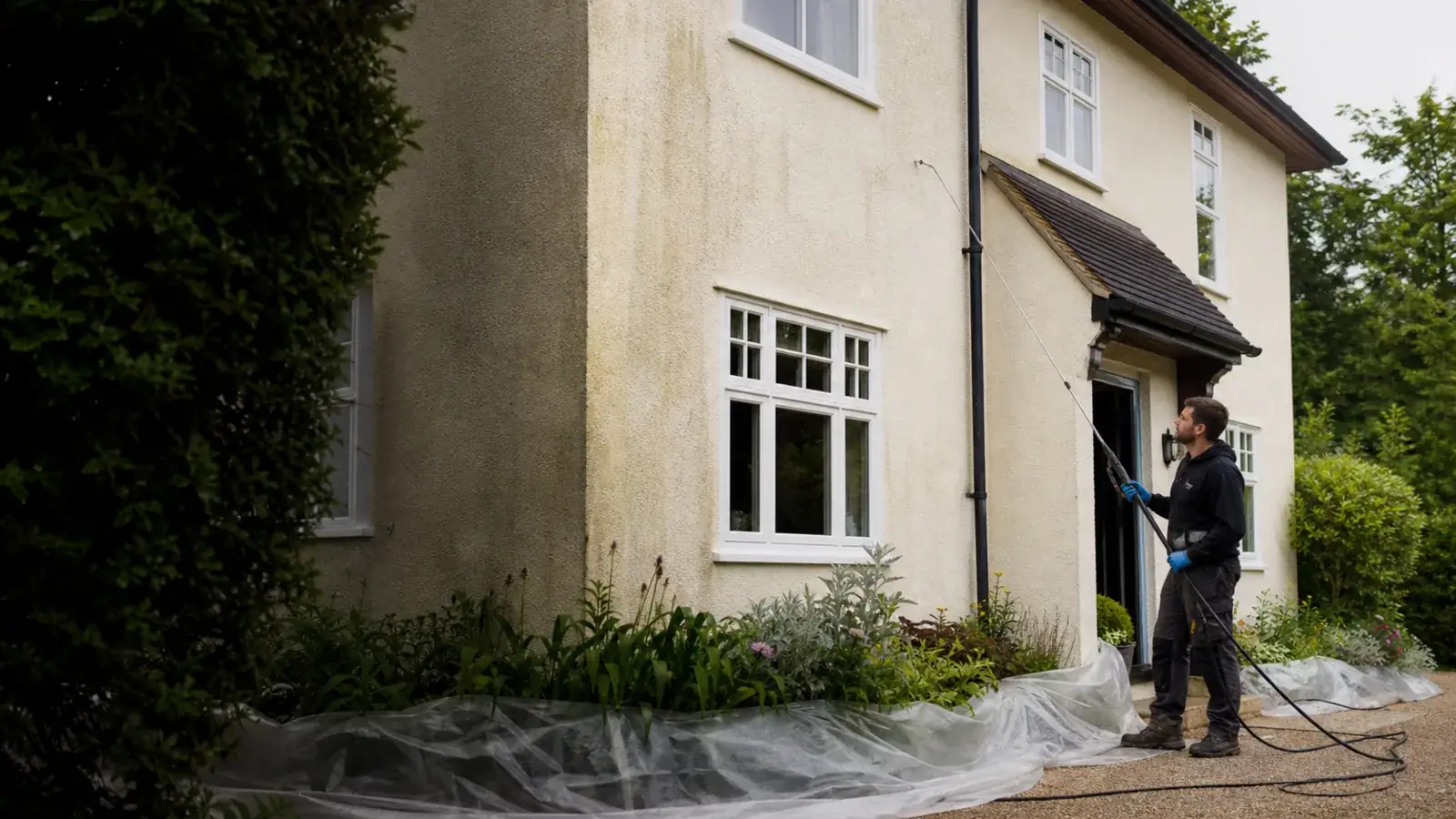A rendered house elevation being inspected before low-pressure cleaning.