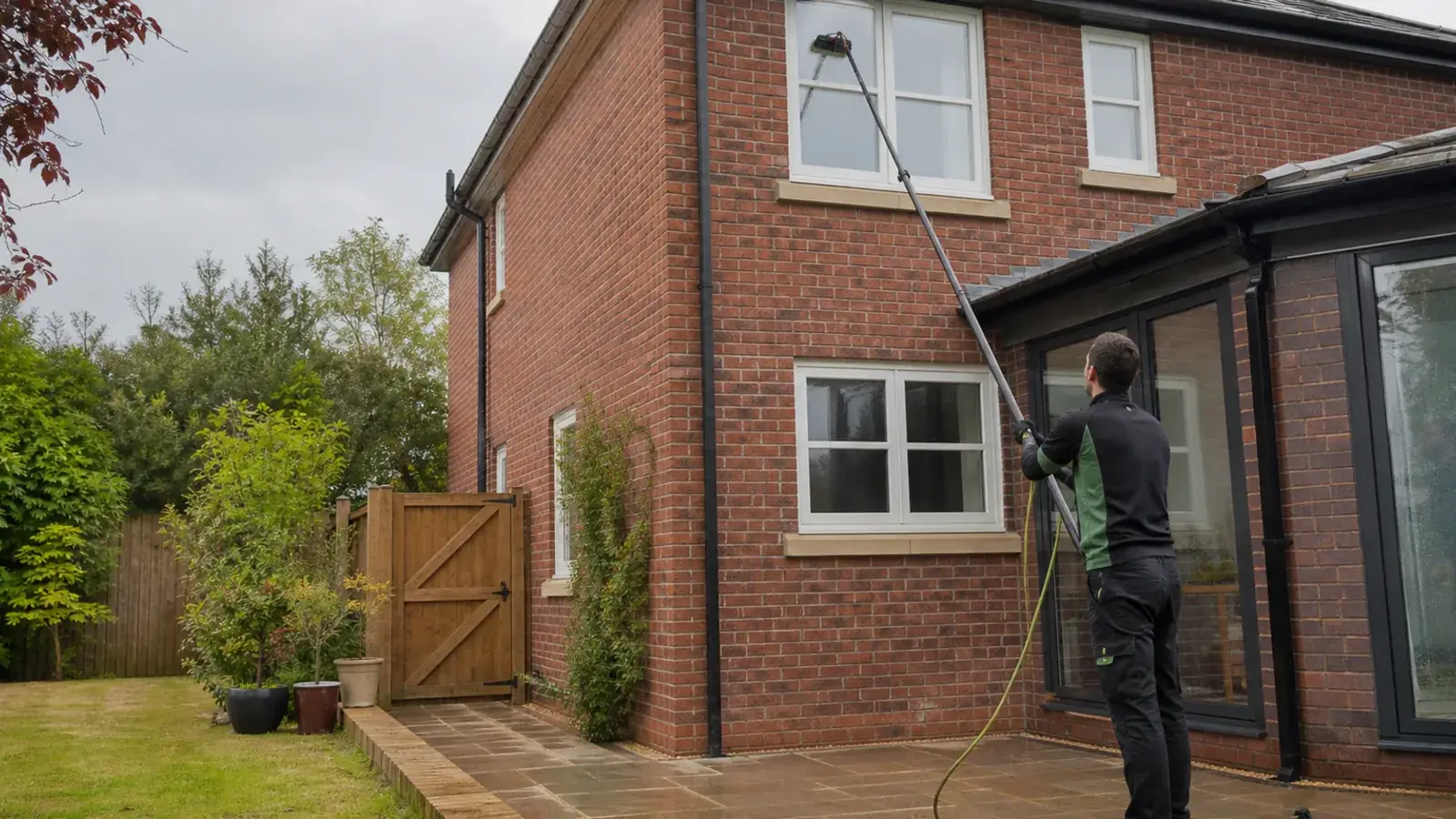 A water-fed pole being used on upper windows of a UK home.